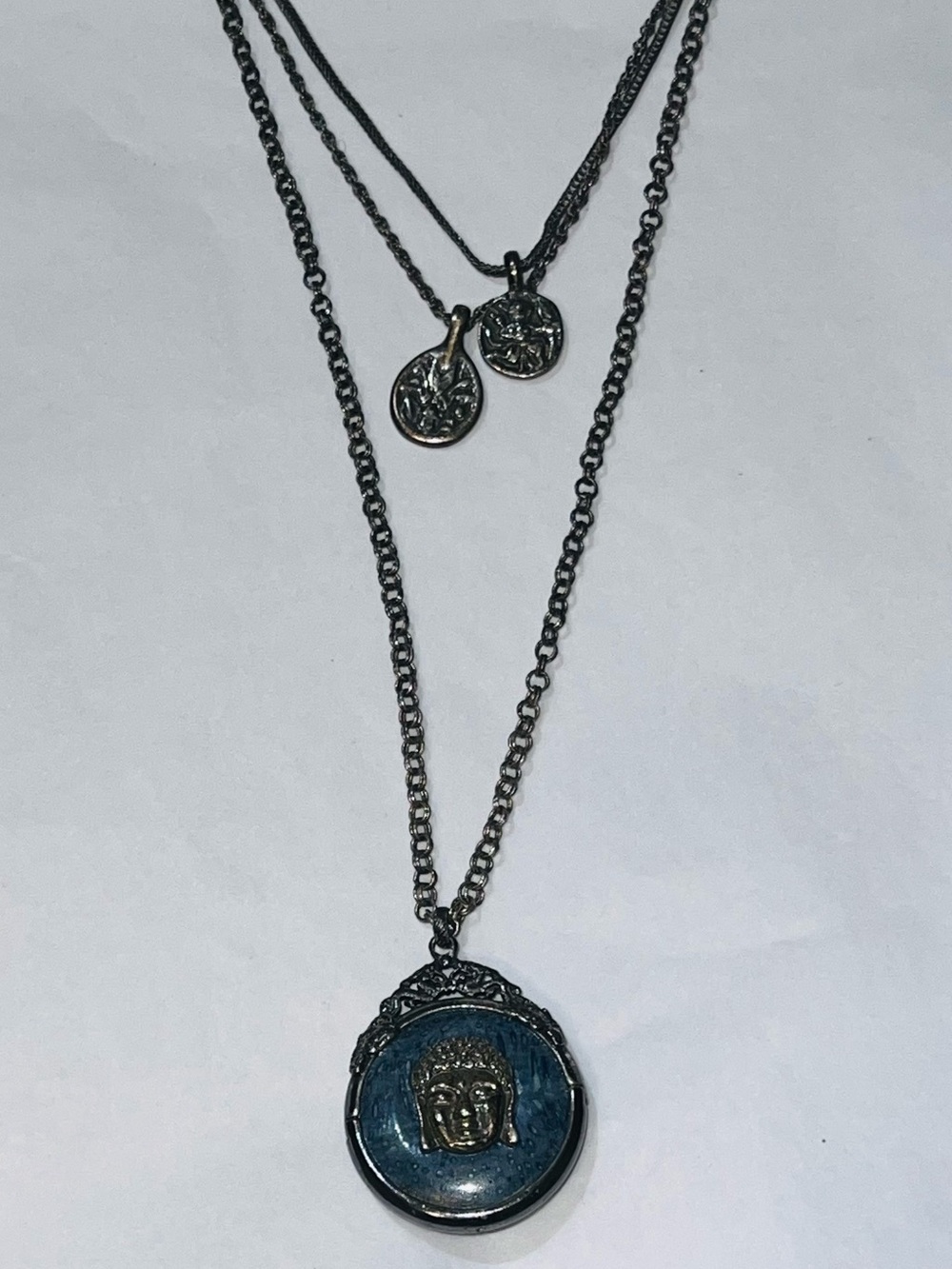 Lucky Brand Black Layered Necklace with Blue Buddha Medallion